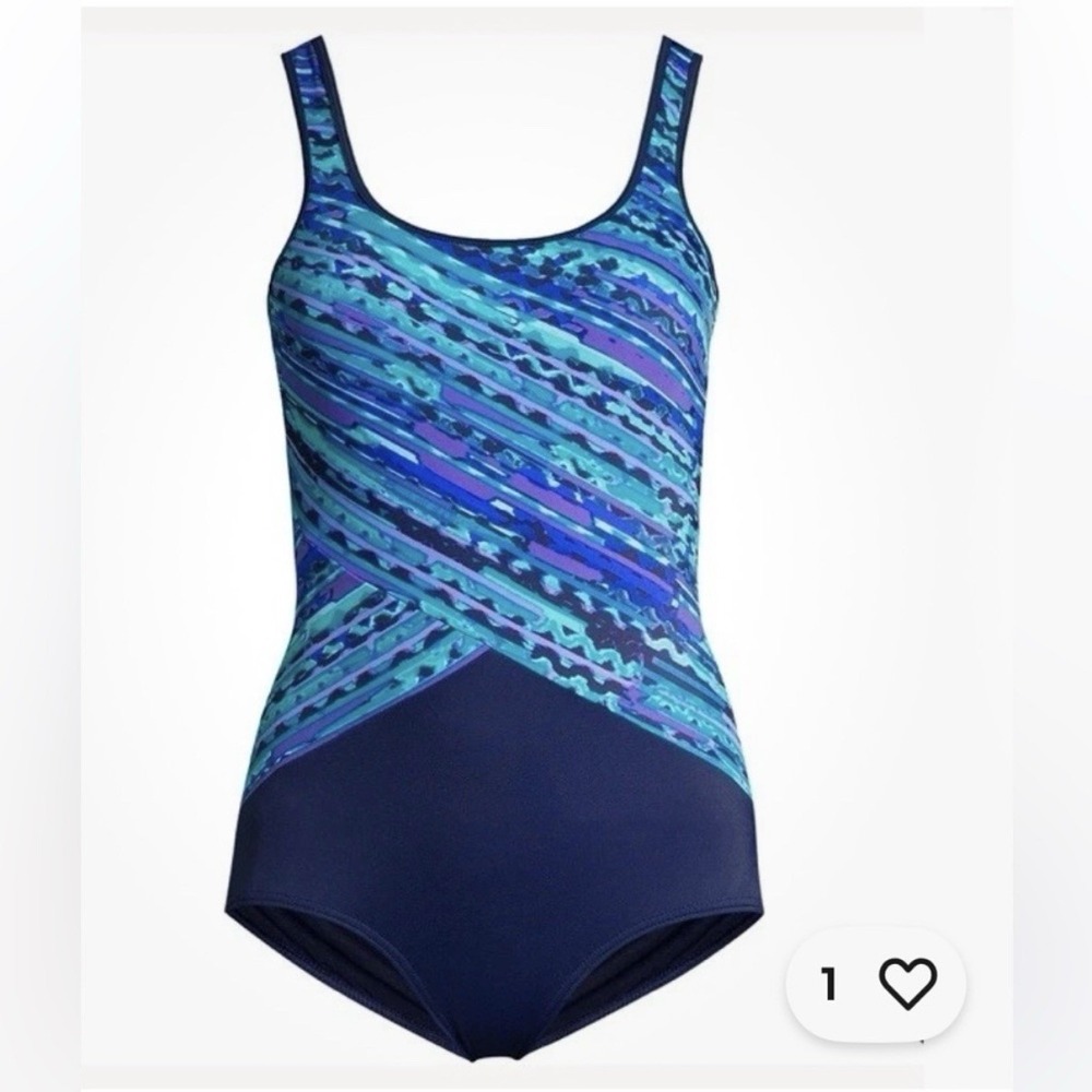 Lands End Aqua Navy Blue One Piece Soft Cup Tugless Sporty Swimsuit Size‎ 14 - Picture 5 of 12
